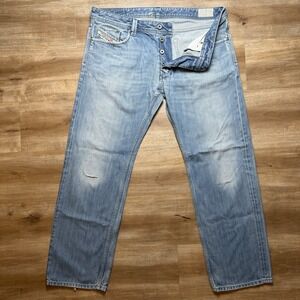 Diesel Larkee Jeans Men 36x30 Blue Straight Leg Light Wash Distress Denim 008XR